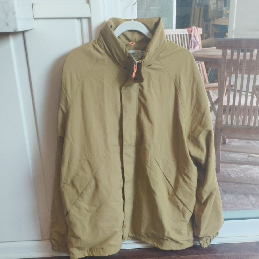 Tan Windbreaker Jacket with Military Style and Utility Design